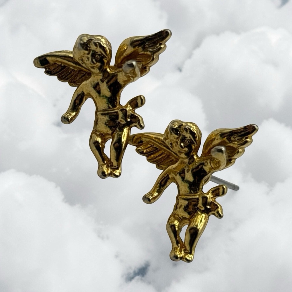 Cherub Angel Earrings Stud Post Vintage Gold Tone Religious Christian Pierced